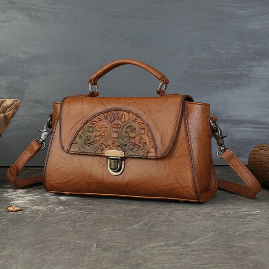 Vintage Top Layer Cow Leather Embossed Pattern Cross Body Tote Bag Distressed Buckle Mini Square Bag