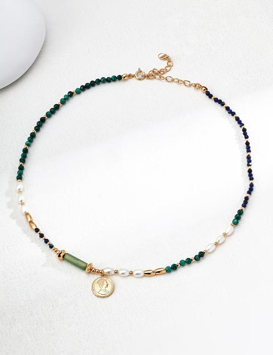 S925 sterling silver fashion natural pearl malachite lapis lazuli pendant necklace
