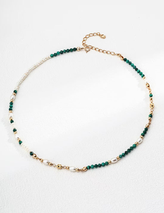 S925 sterling silver vintage natural pearl malachite necklace