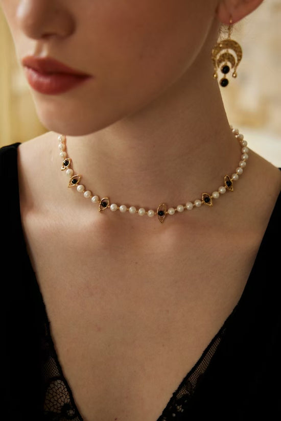 S925 silver natural pearl black agate necklace, devil eye element, suppression