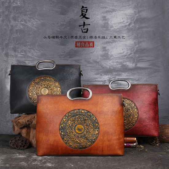 Mandala Embossed Full-Grain Leather Tote – Vintage Artistic Handbag with Metal Top Handle