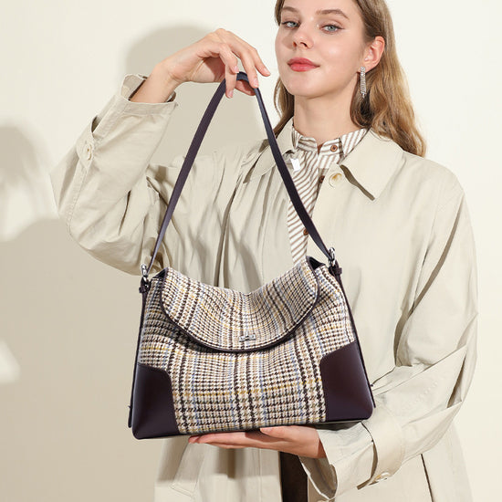 Chic Womens WoolHoundstooth Leather Tote Bag New Style Large Capacity