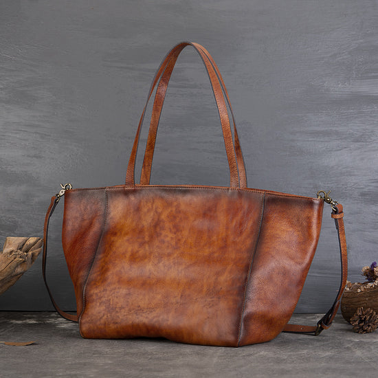 New Vintage Top Grain Vegetable Tanned Cowhide Large Capacity Tote Bag Women&