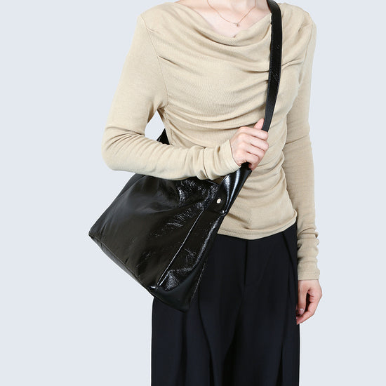 Chic Top Grain Oil Wax Leather Tote Minimalist Design Women&