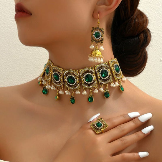 Ethnic style gemstone necklace earrings ring combination set