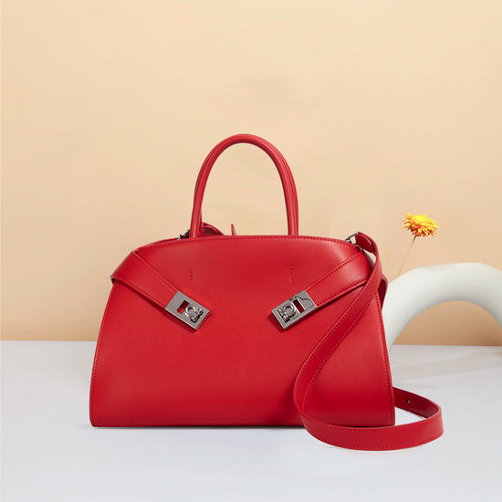 Premium Cowhide Tote for Women Red Elegant Office Hand Carry Bag