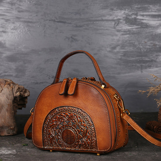 Vintage Full-Grain Leather Handbag for Women – Ethnic Mandala Embossed Shoulder & Top-Handle Bag
